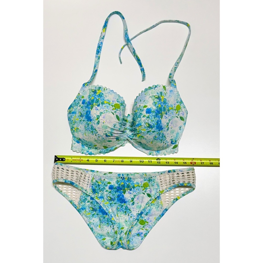 Victoria's Secret Floral Crochet Bikini Set Blue Green 36DDD Large
